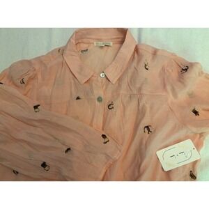Fig and Flower Anthropology Button Up‎ Blouse Embroidered Western  Sz L Pink New